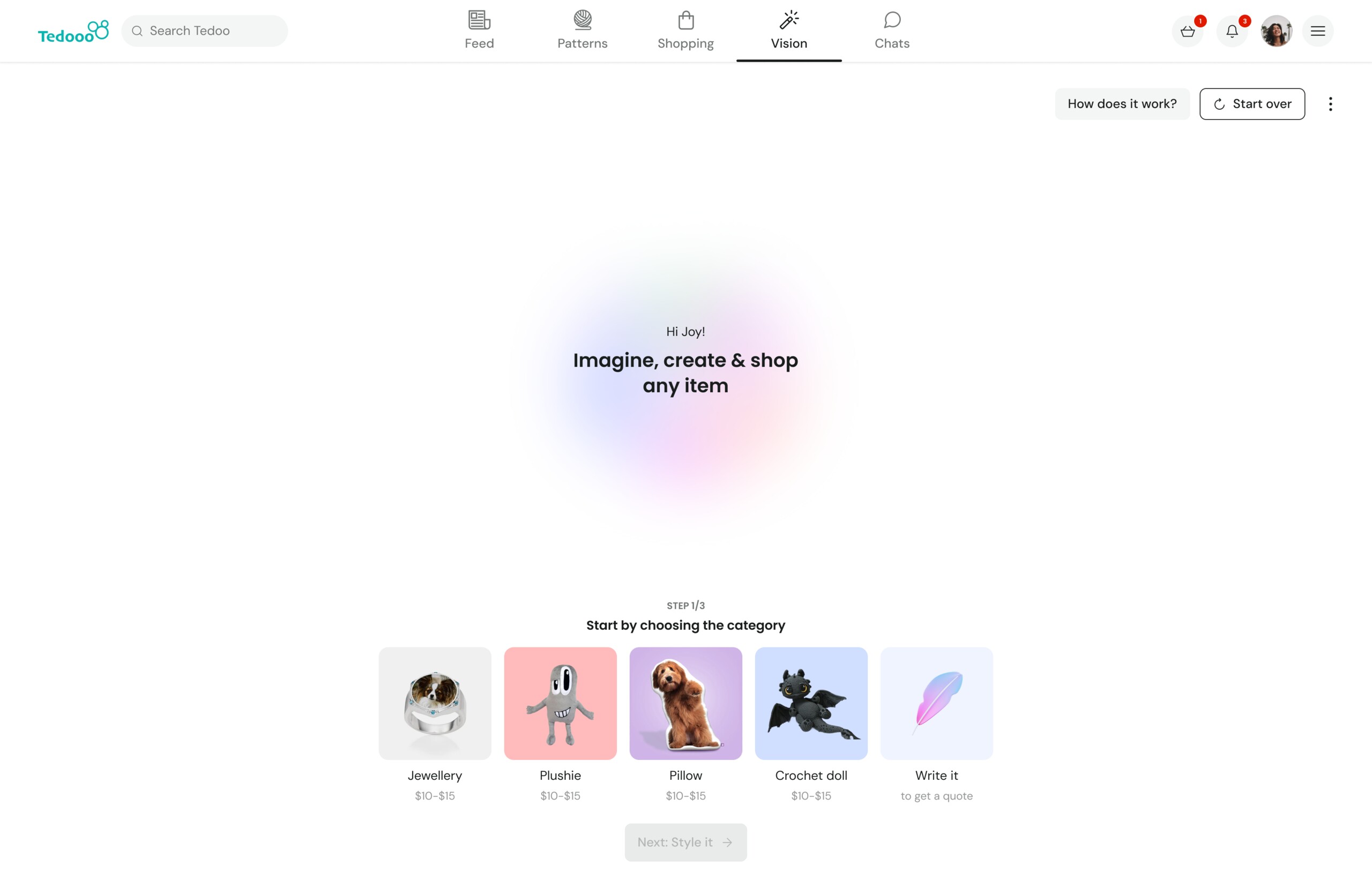 AI Vision step 1 — choose a category