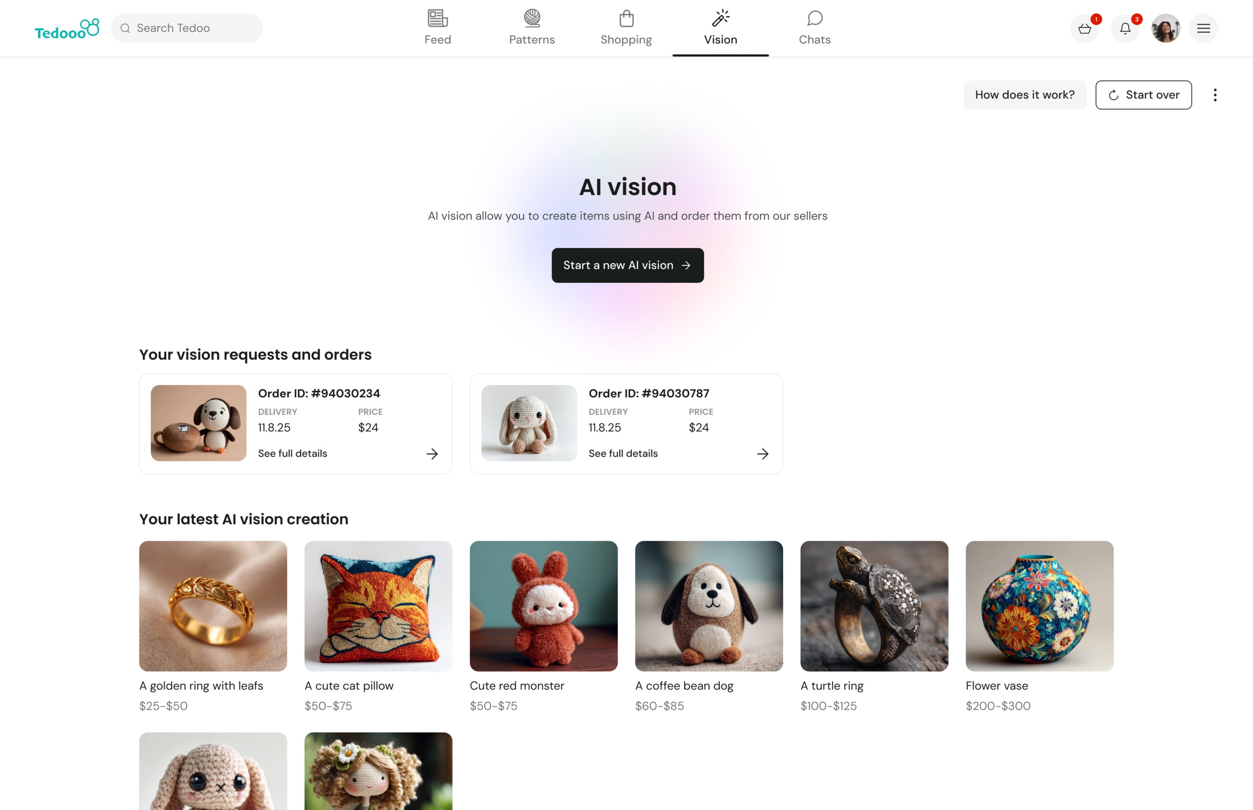 AI Vision hub — your creations and orders