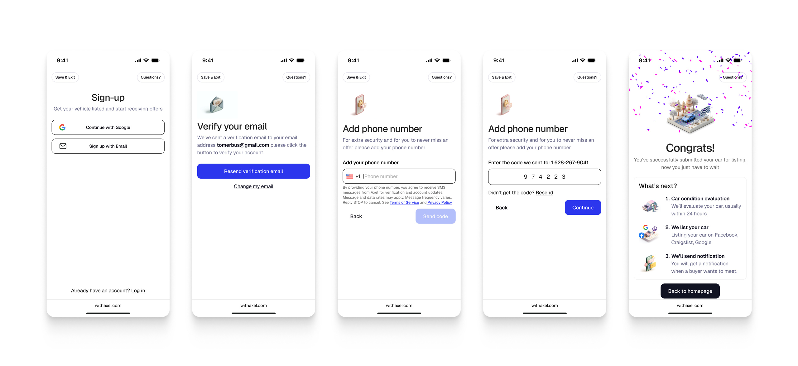 Axel sign-up and confirmation screens