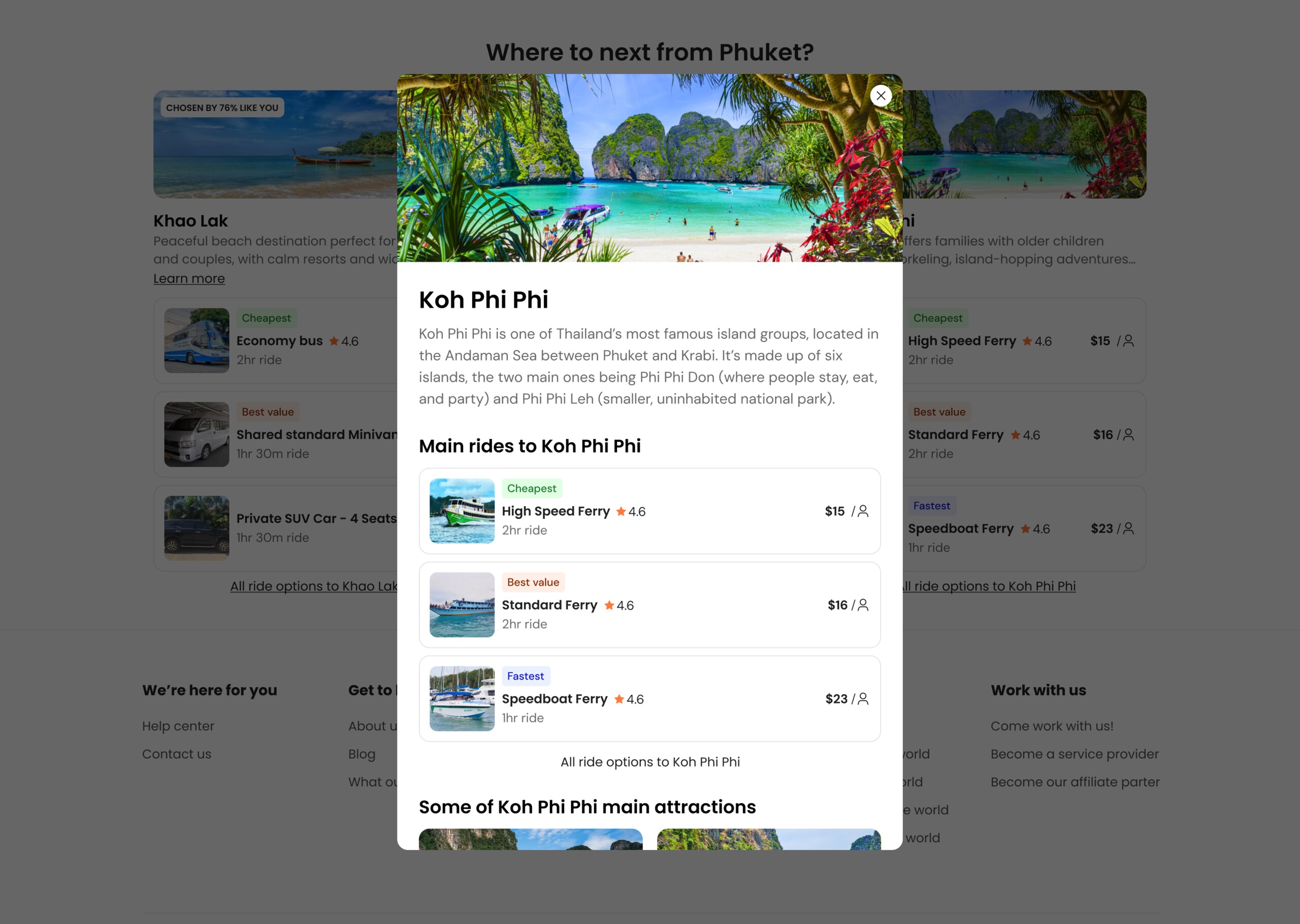 Bookaway Where to Next — destination detail pop-up