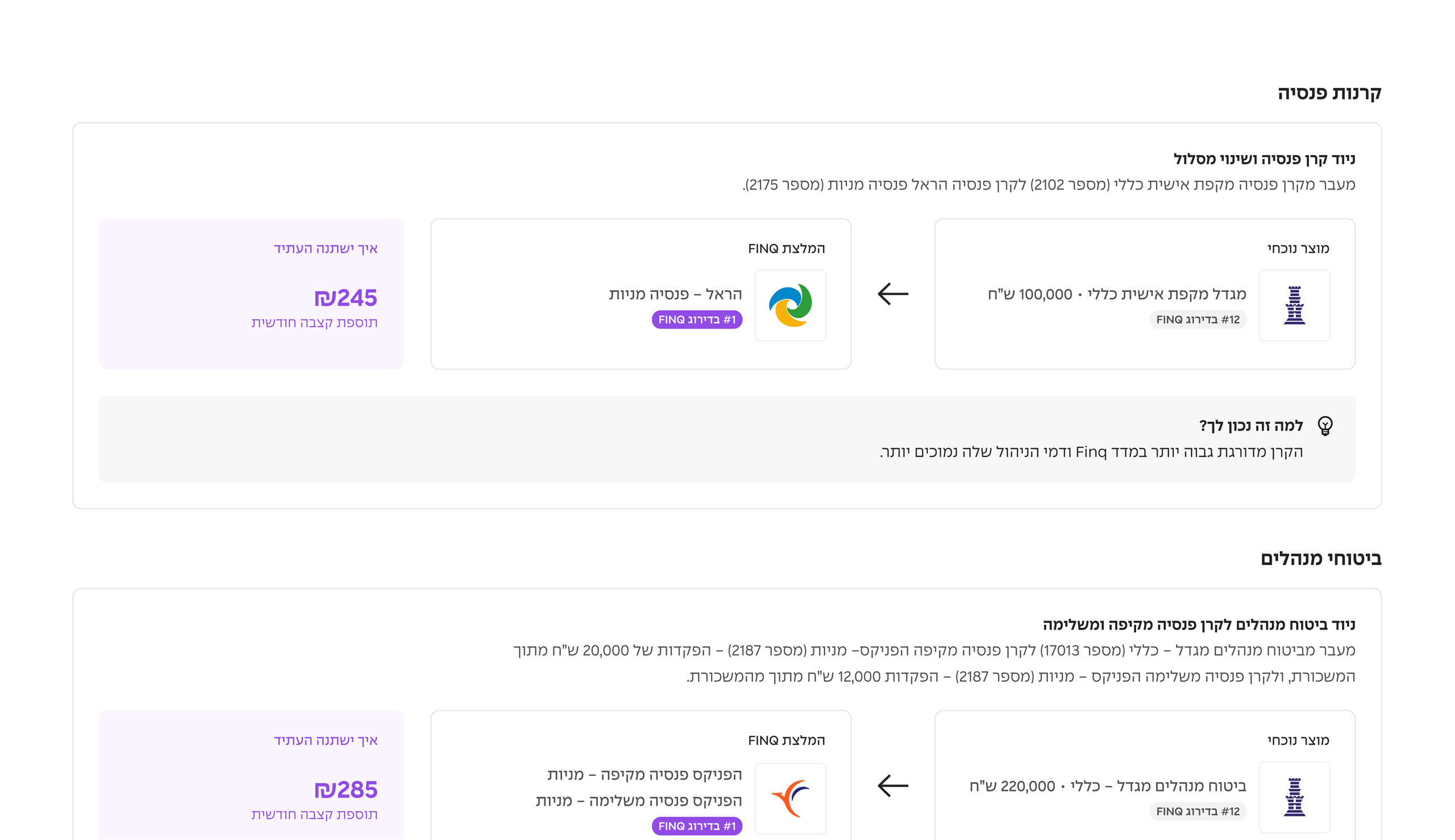 FINQ recommendation page showing products grouped by type