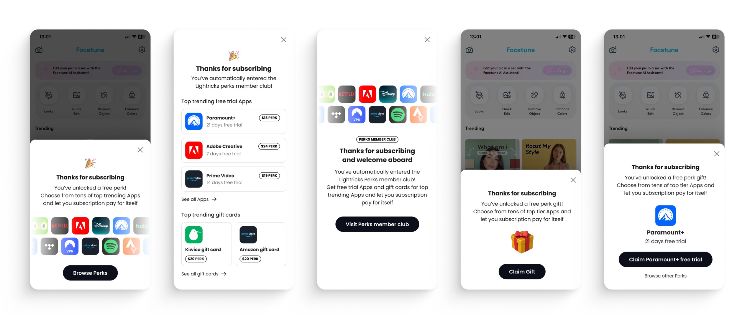 Lightricks mobile — post-subscription perk moment approaches