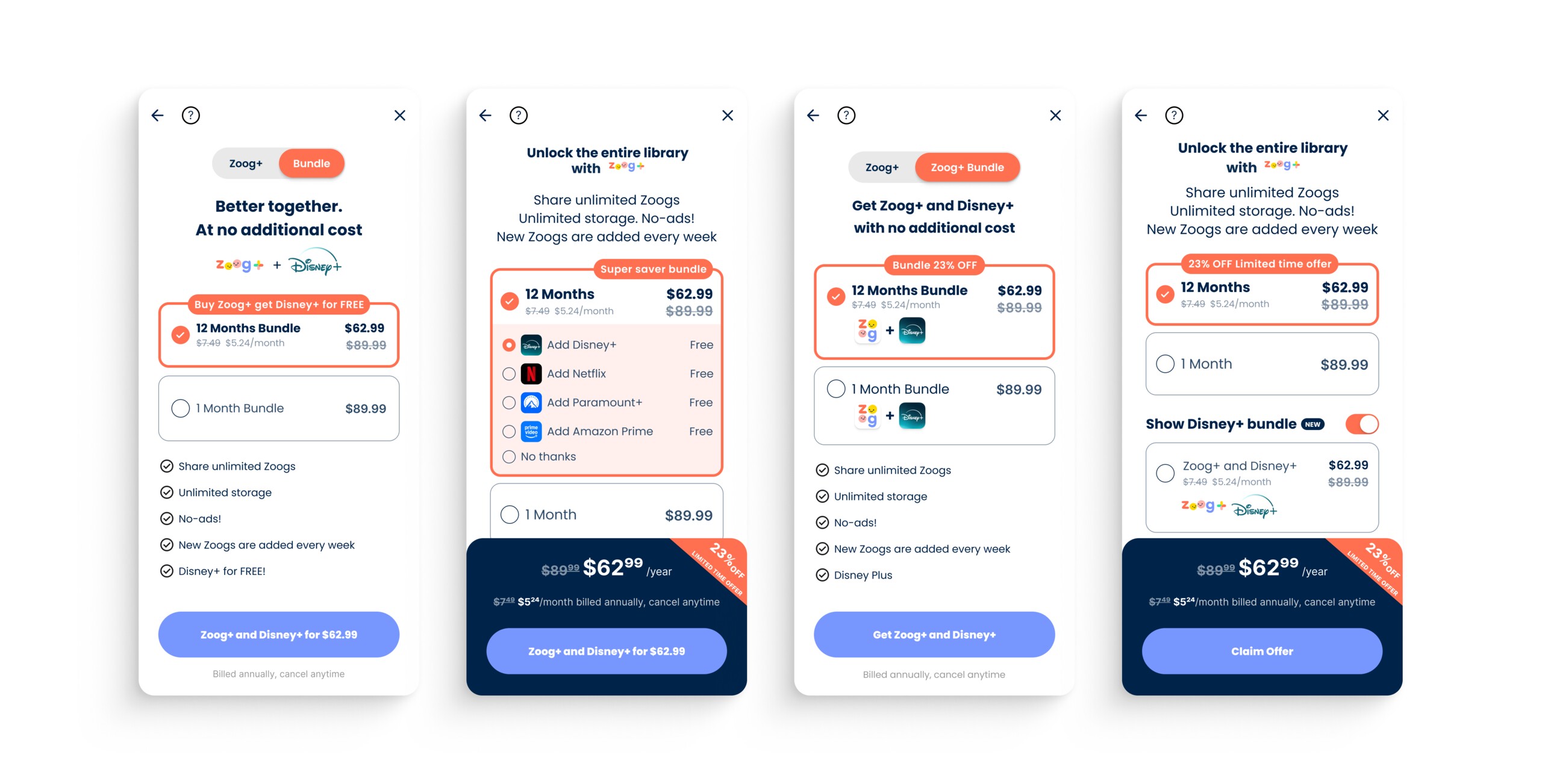 Zoog — four approaches to bundle subscription with annual plan preselected