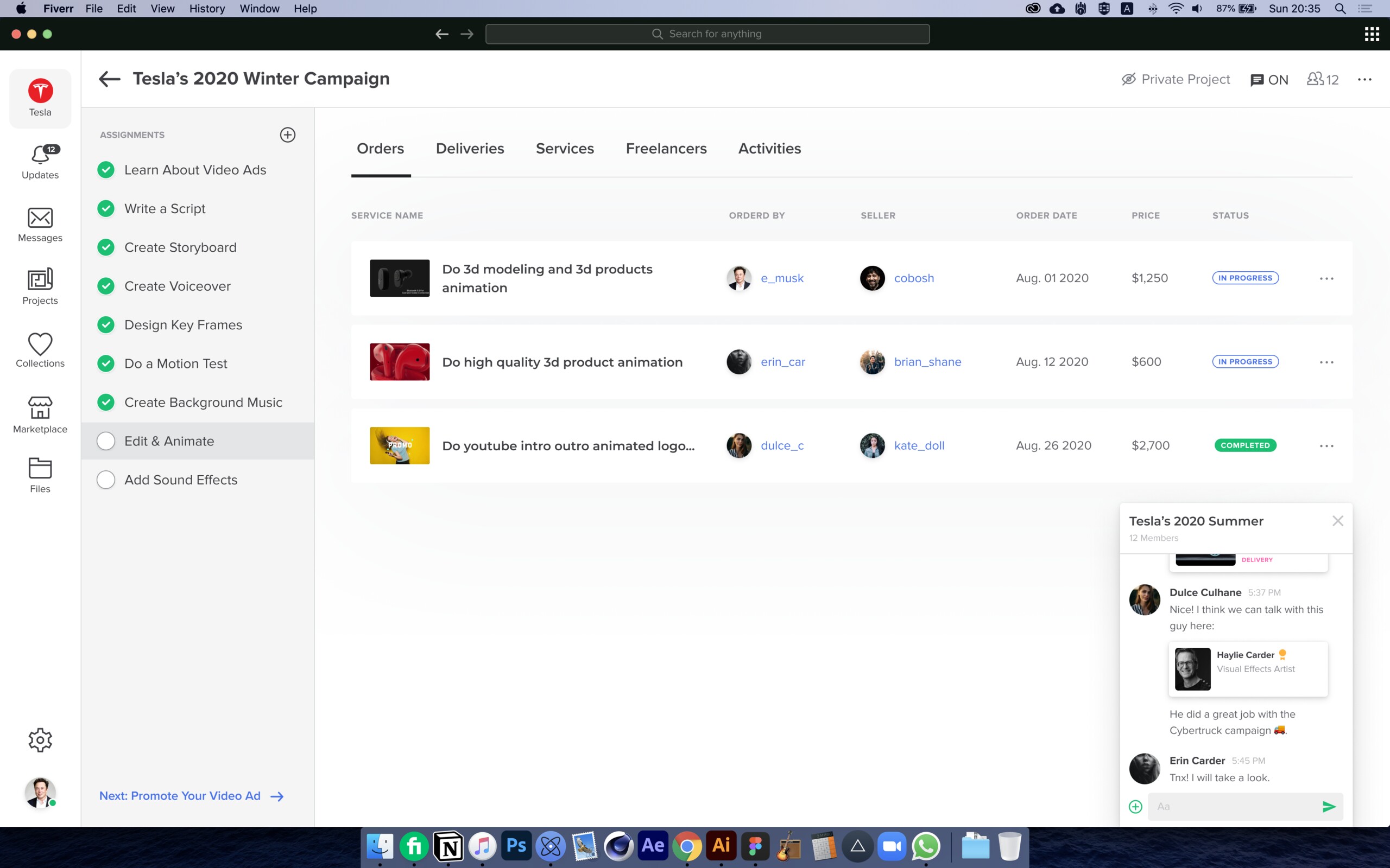 Fiverr Business app — project view with chat panel