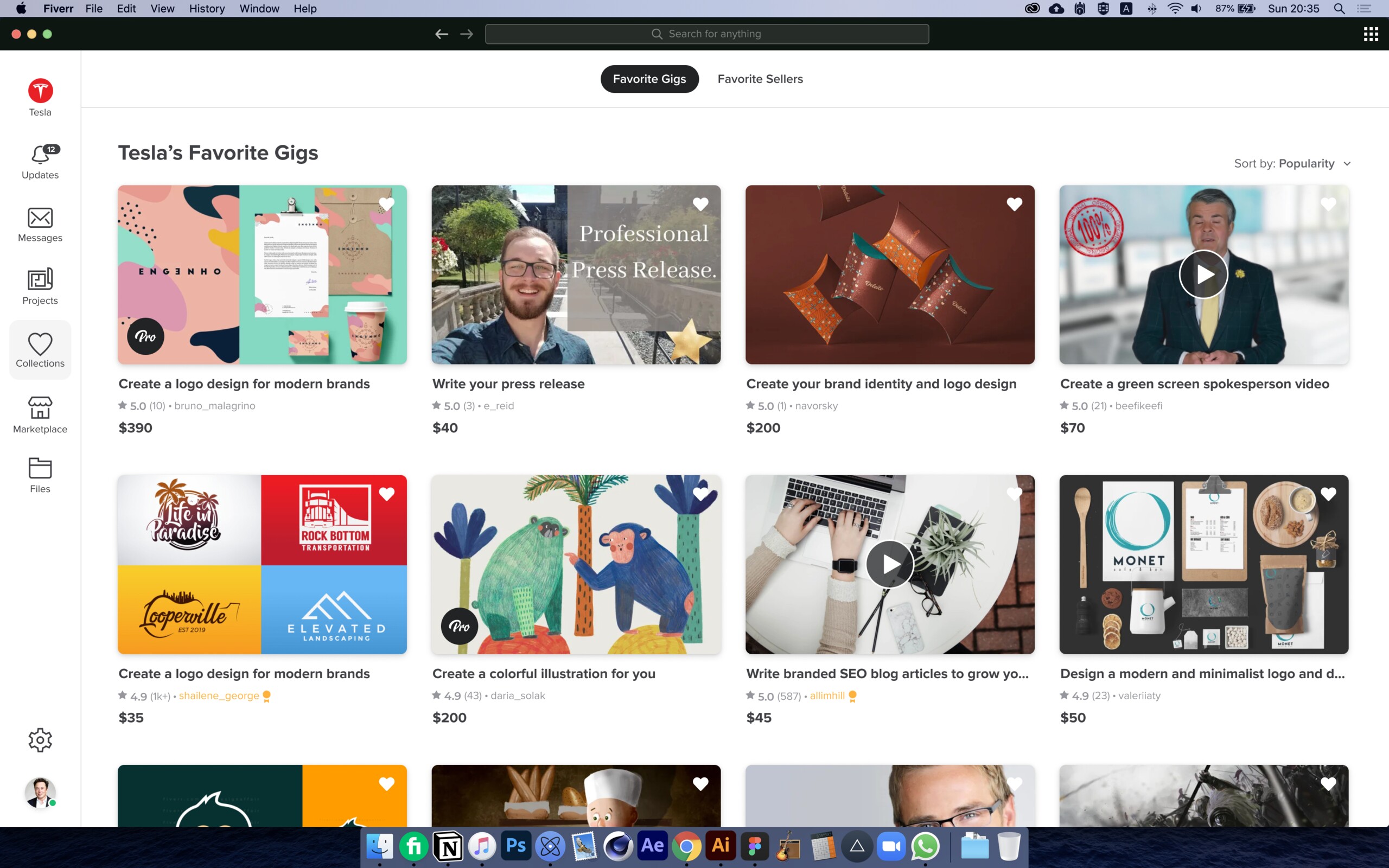 Fiverr Business app — favorite gigs and collections