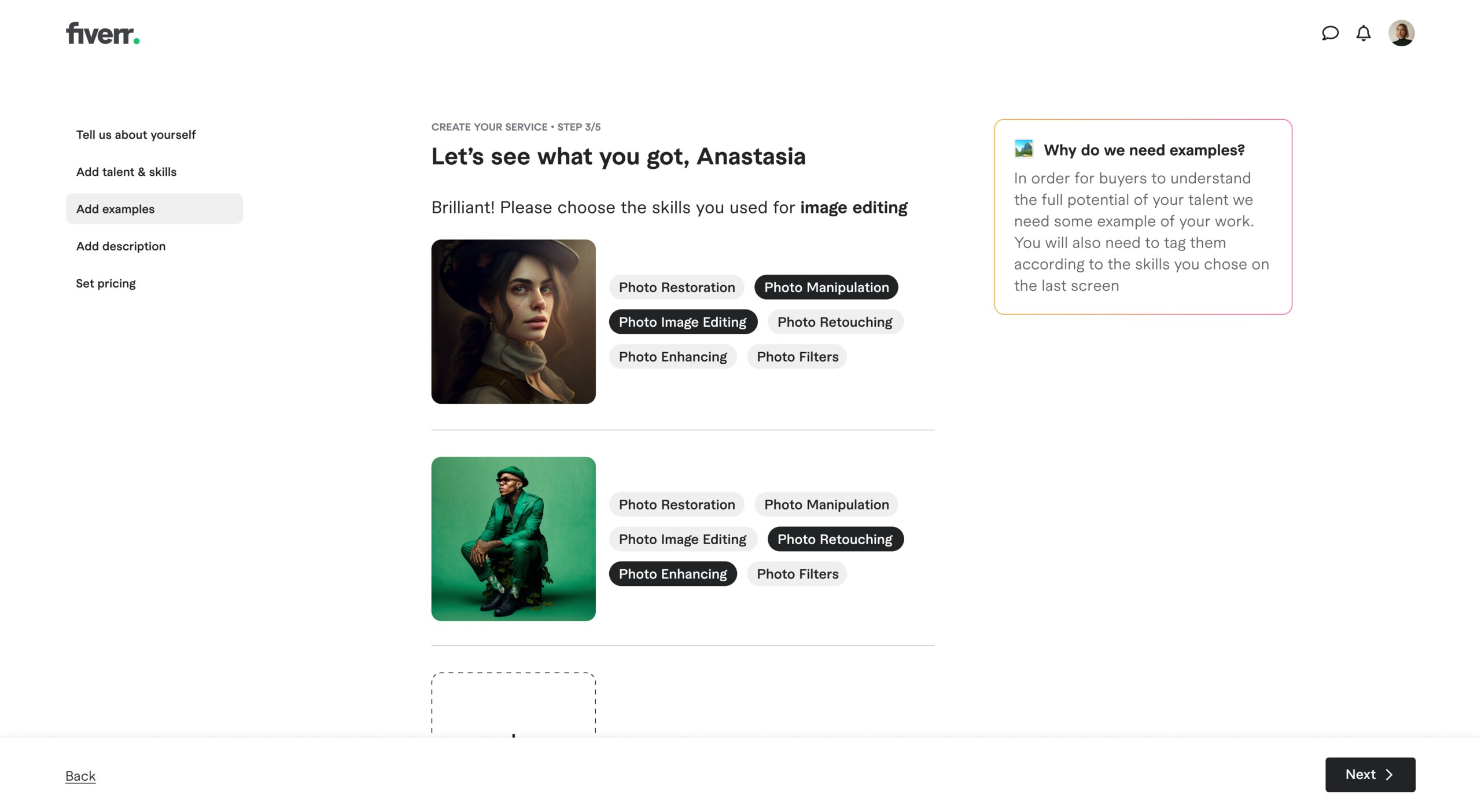 The Freelancer — step 4: upload and tag work examples