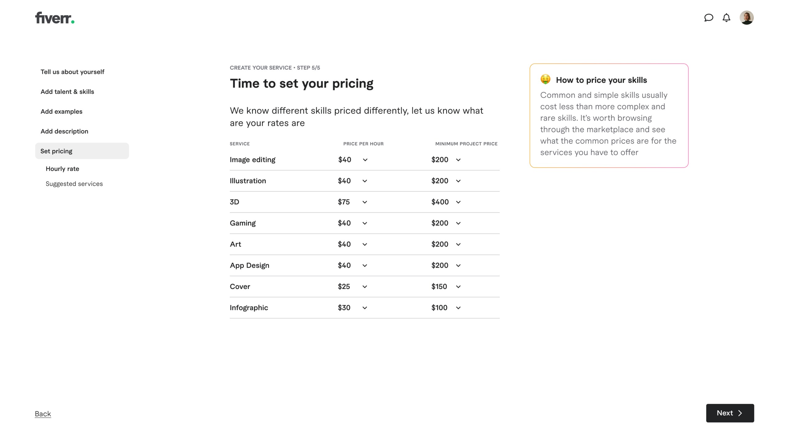The Freelancer — step 5: set hourly rate and minimum price per skill