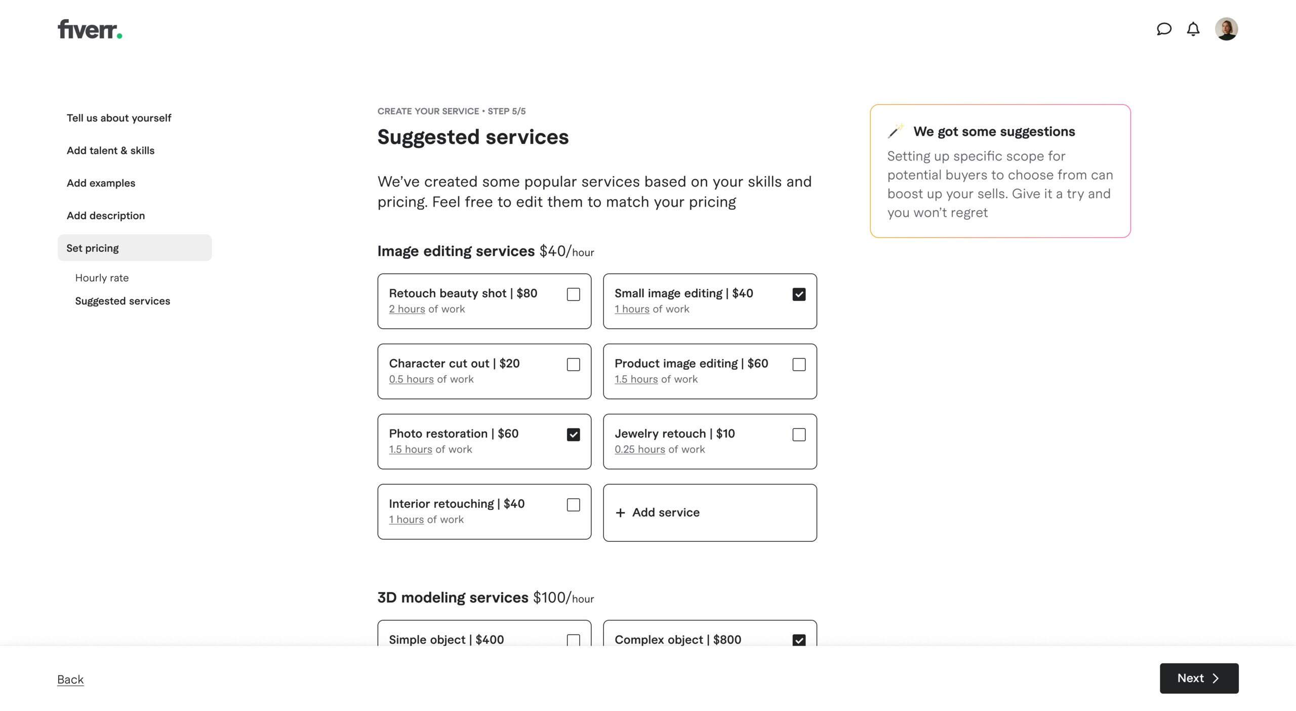 The Freelancer — step 6: Fiverr-suggested services based on your pricing
