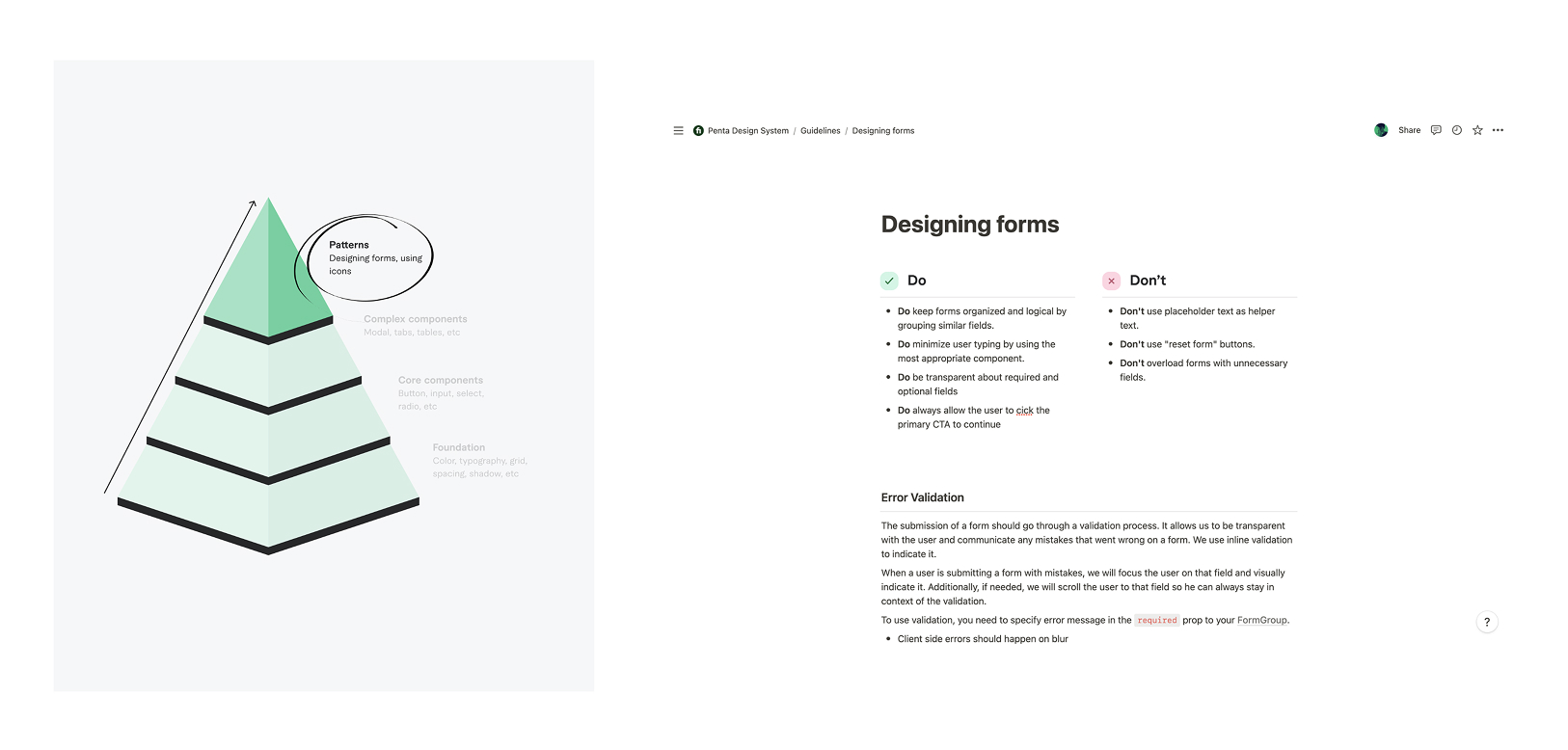 Penta — Patterns layer: form design guidelines in Notion