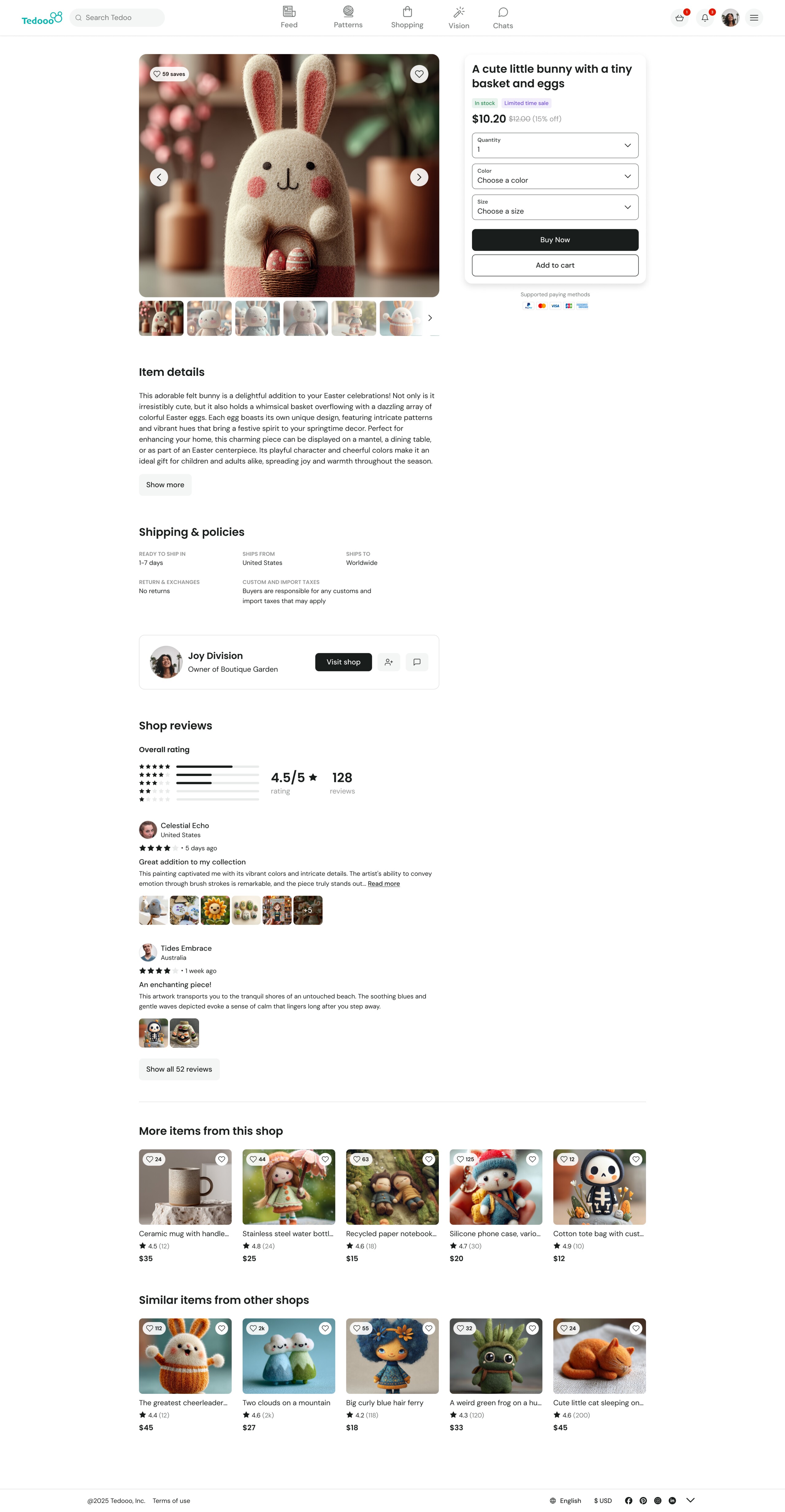 Tedooo product page — sticky buy panel, item details, reviews, and related items