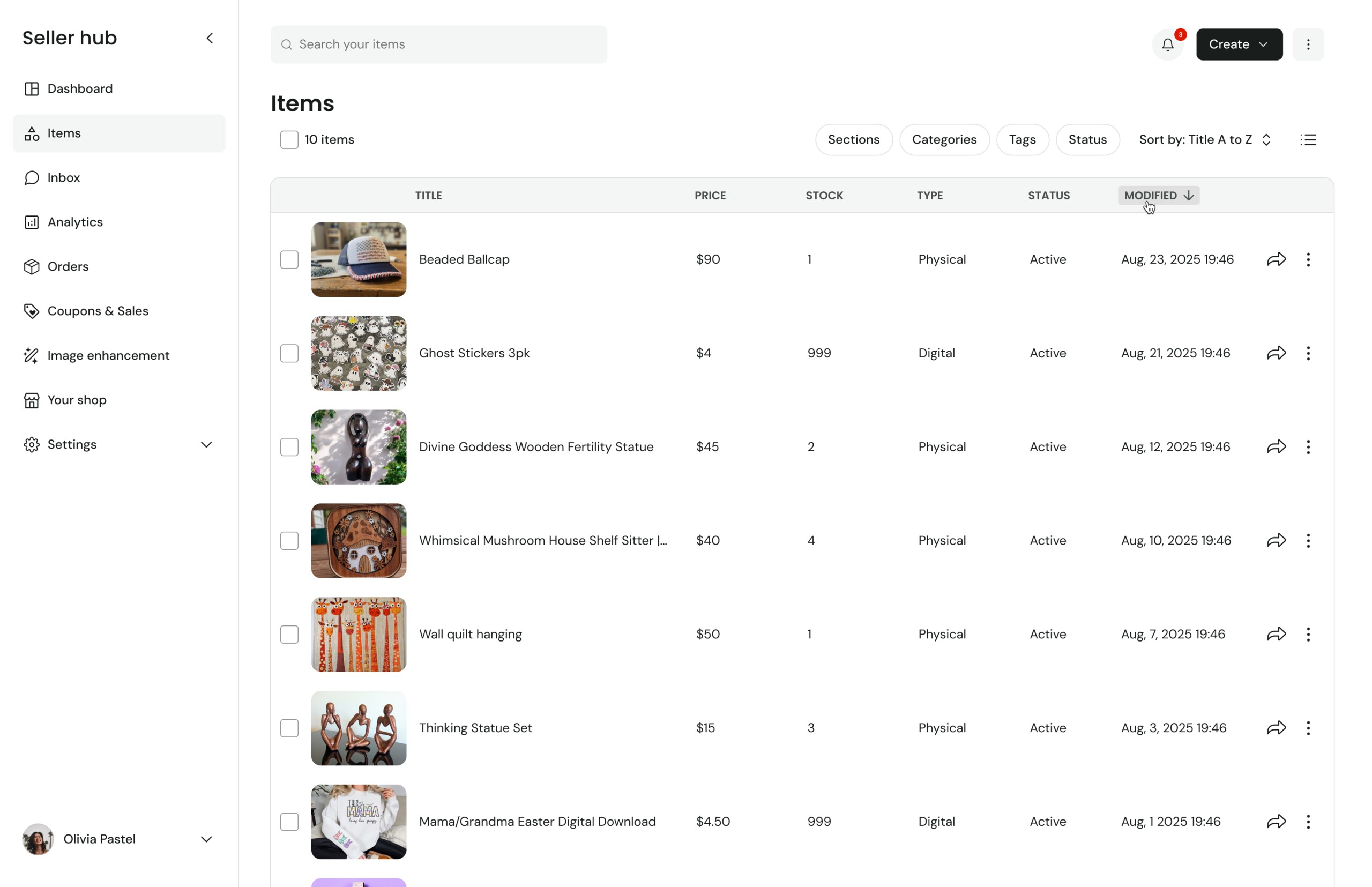 Seller Hub items in list view