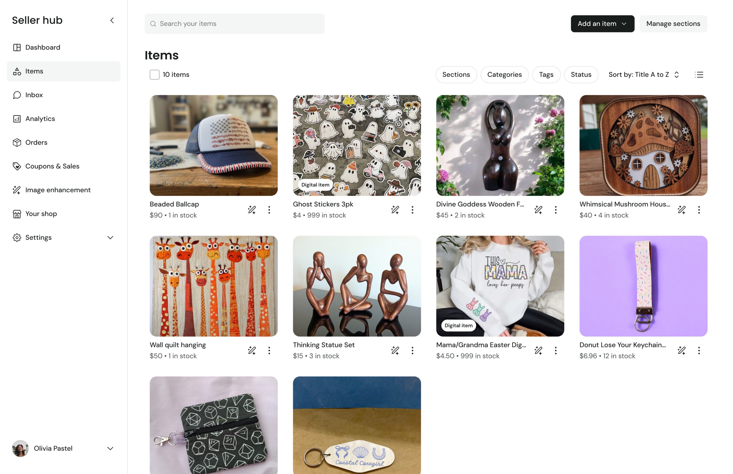 Seller Hub with sidebar expanded showing items grid view