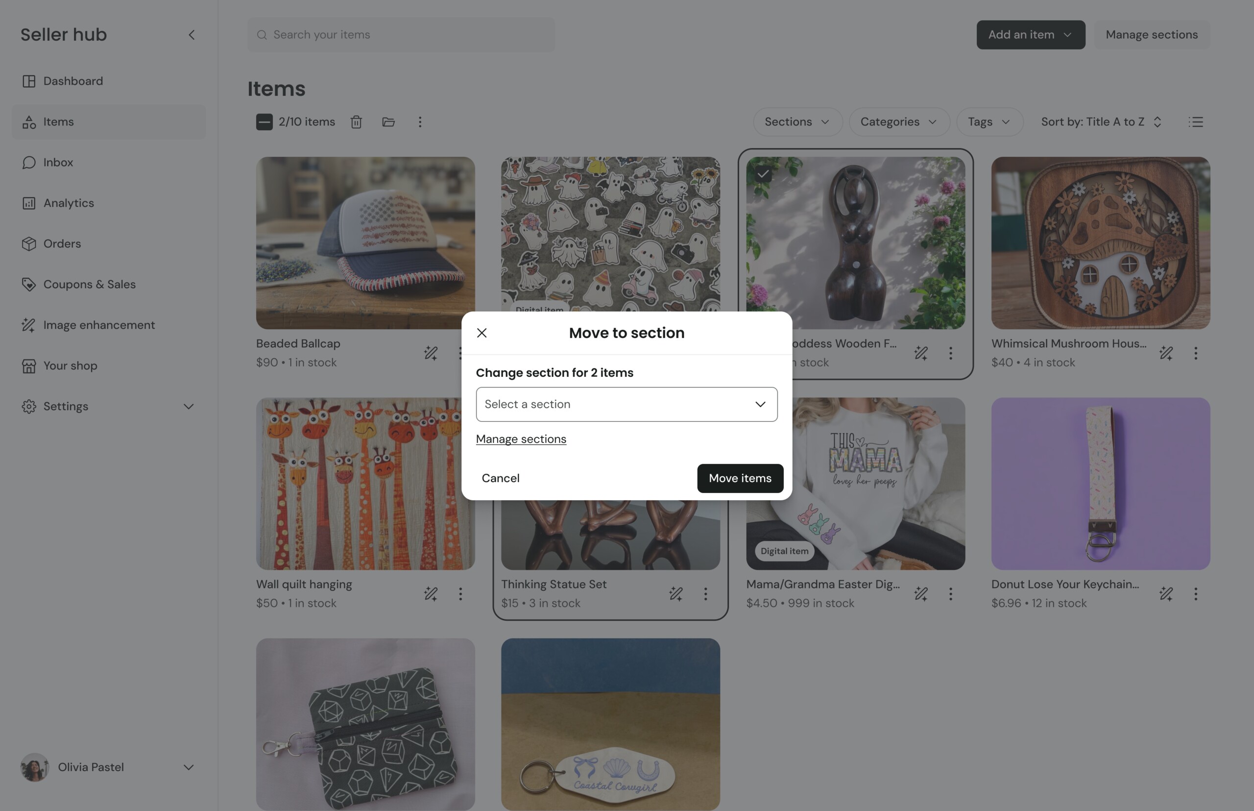 Seller Hub with move to section modal open