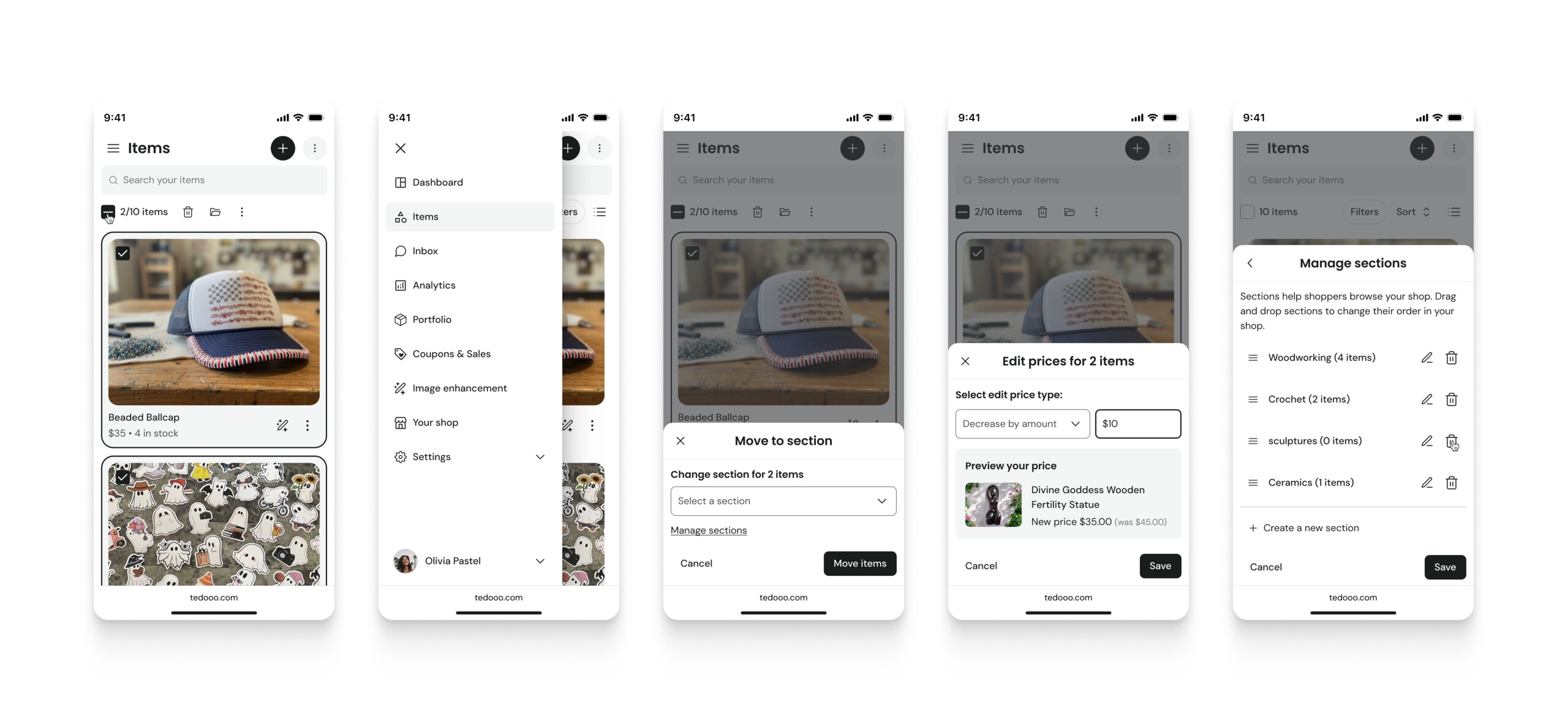 Seller Hub on mobile — items, nav, bulk actions and section management