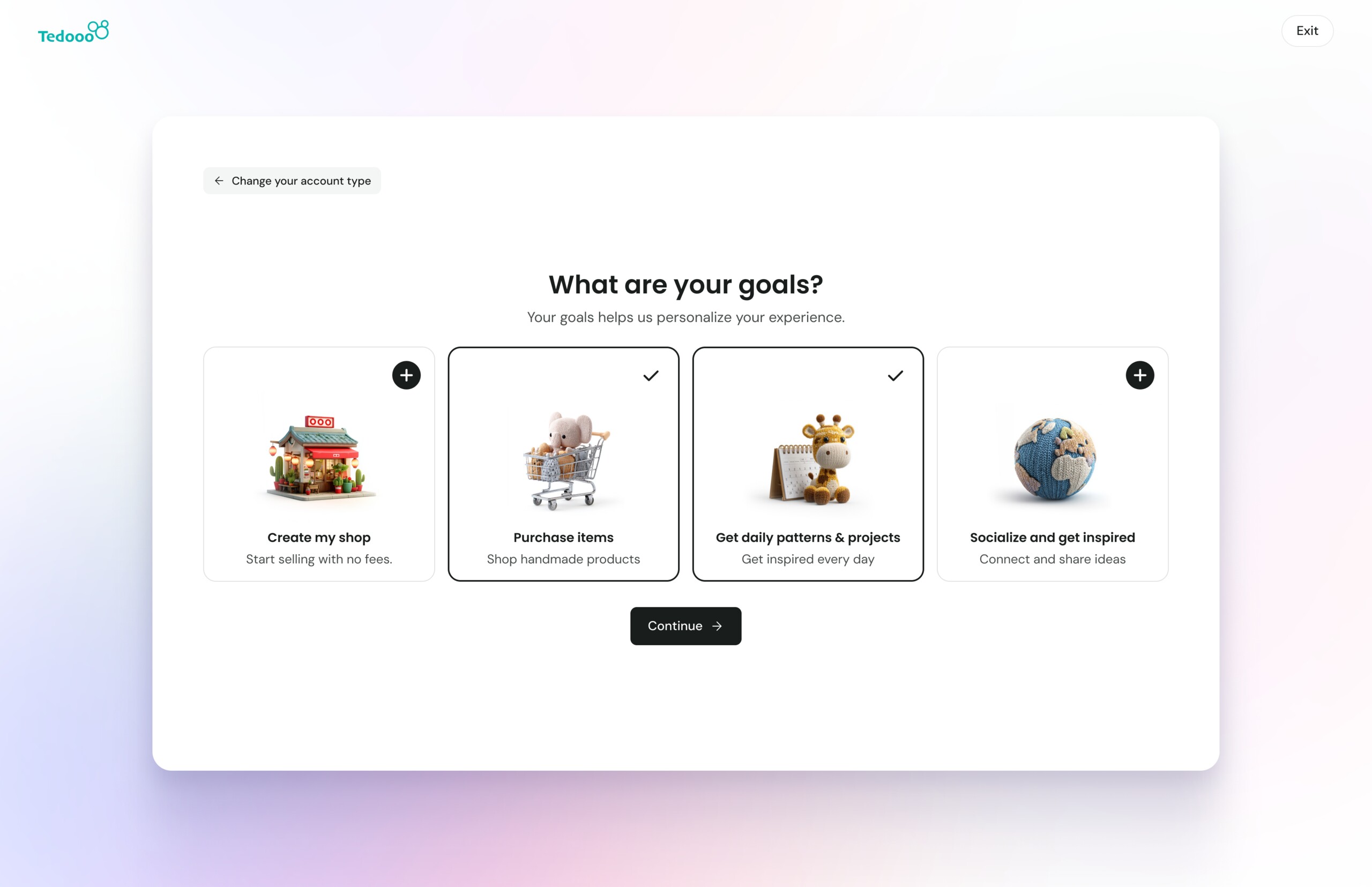 Shop creation — goals selection screen