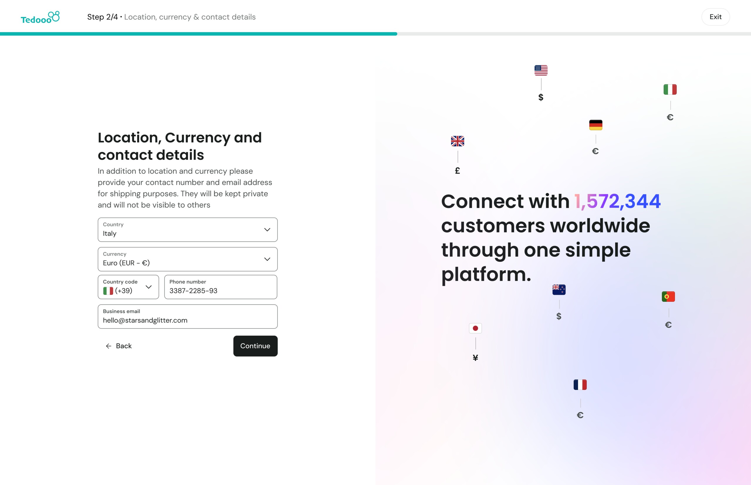 Shop creation — location, currency and contact details with social proof
