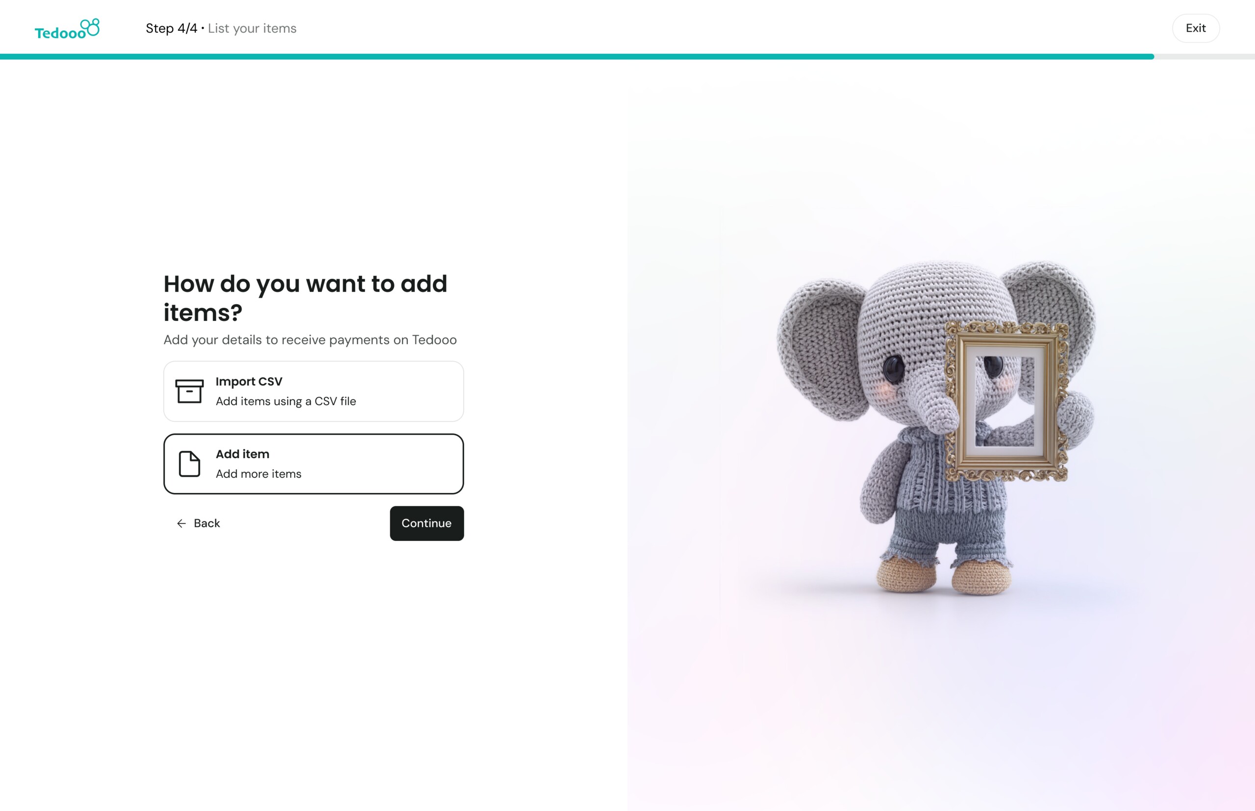 Shop creation — add your first item, import CSV or add manually