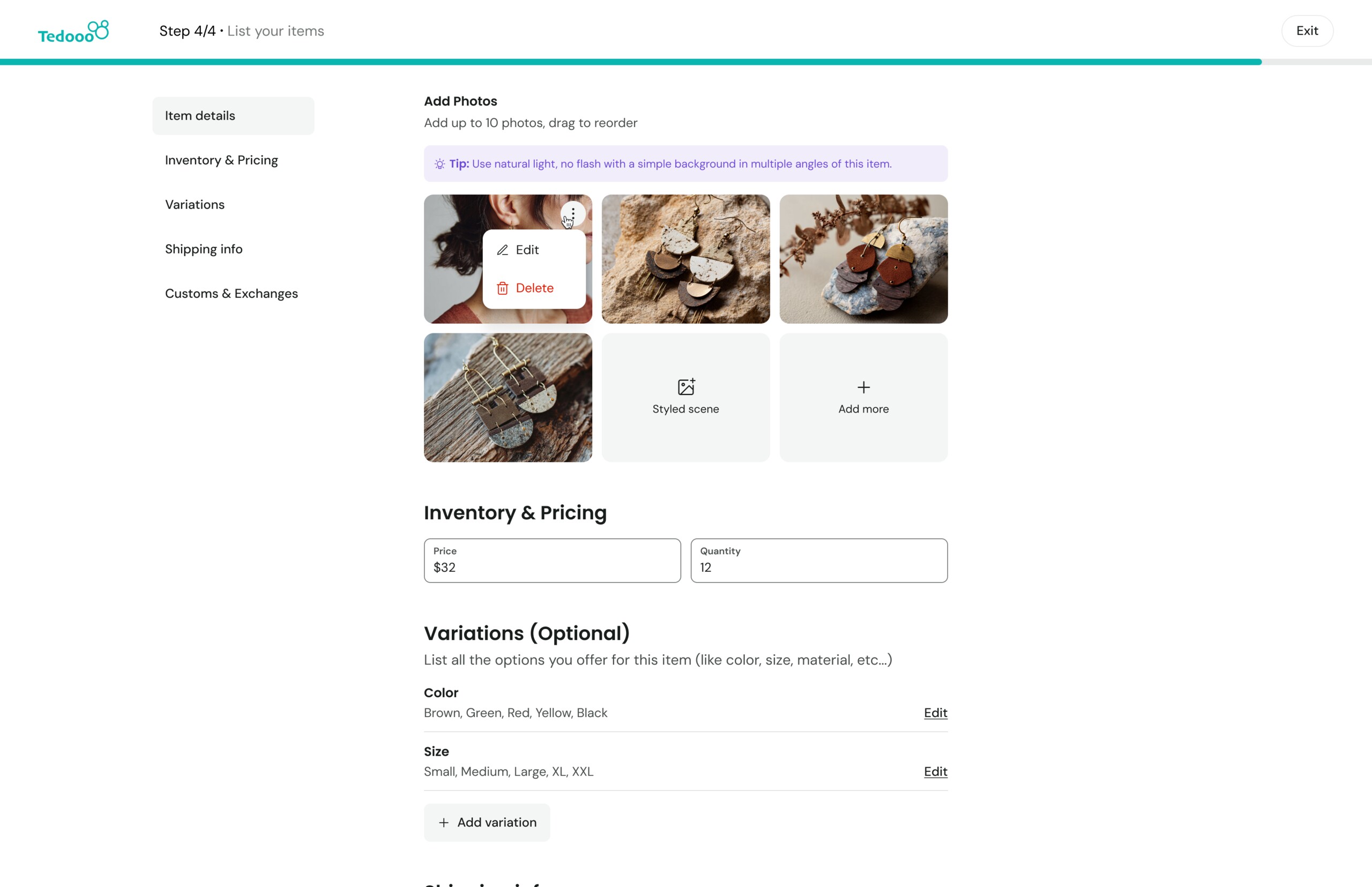Shop creation — item listing form with photos, pricing and variations