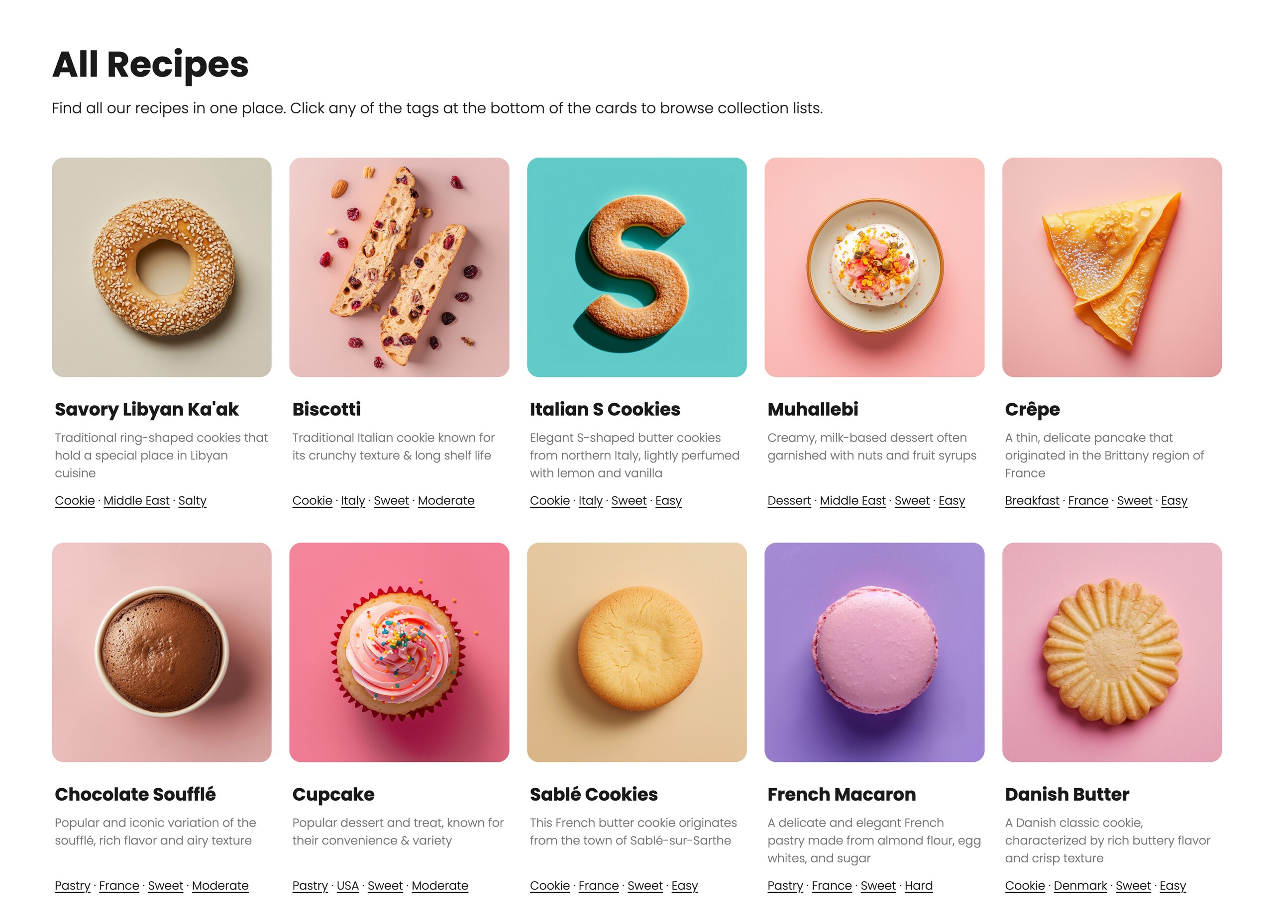 Sweet/Salty recipe card grid showing titles, food photos, and category tags