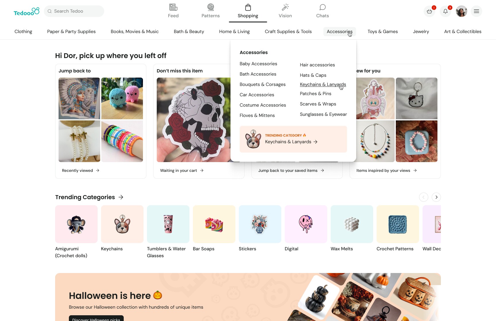 Tedooo shopping tab — logged in, personalised homepage with category dropdown