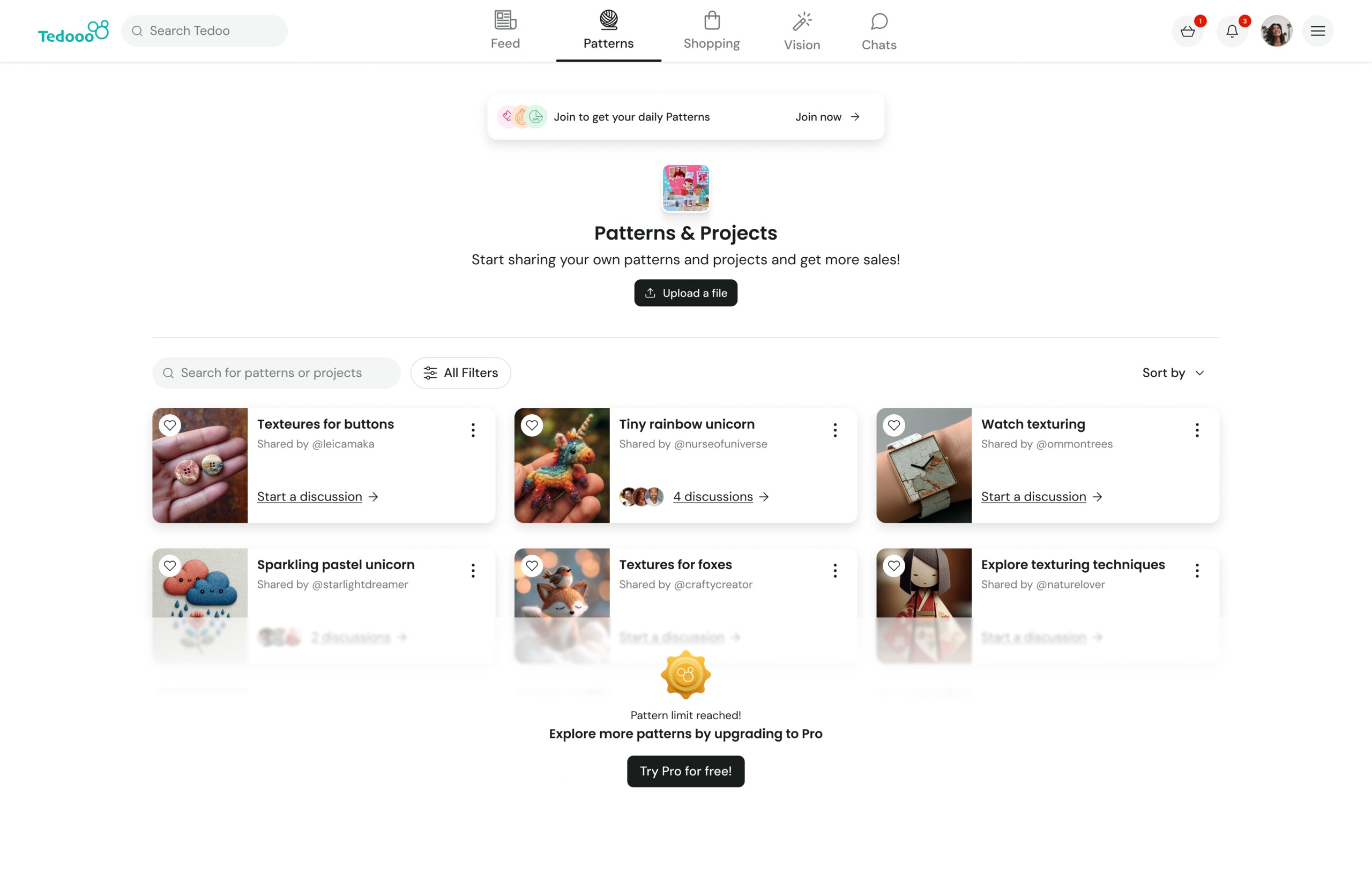 Tedooo Patterns listing page with pro upsell