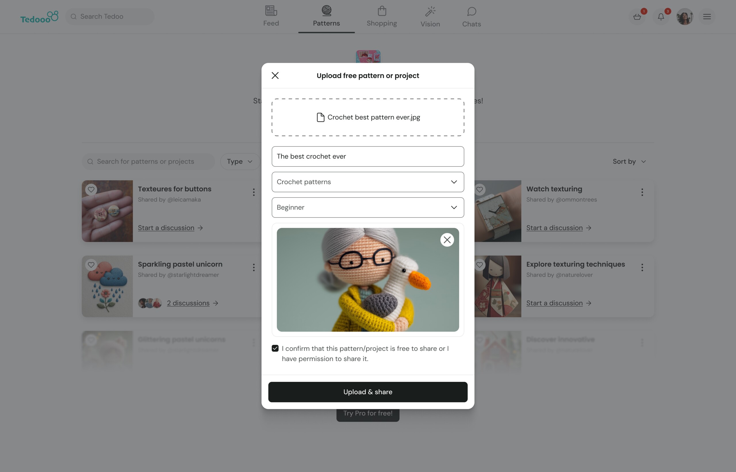 Tedooo Patterns upload modal