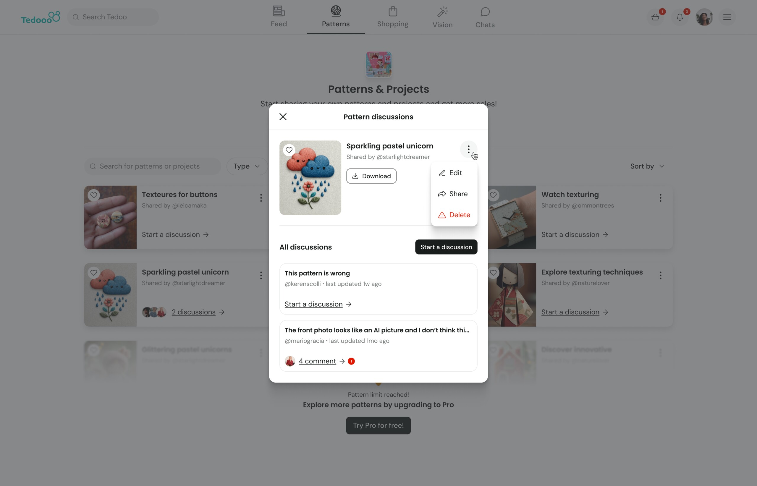 Tedooo Patterns — pattern discussion thread and three-dot action menu