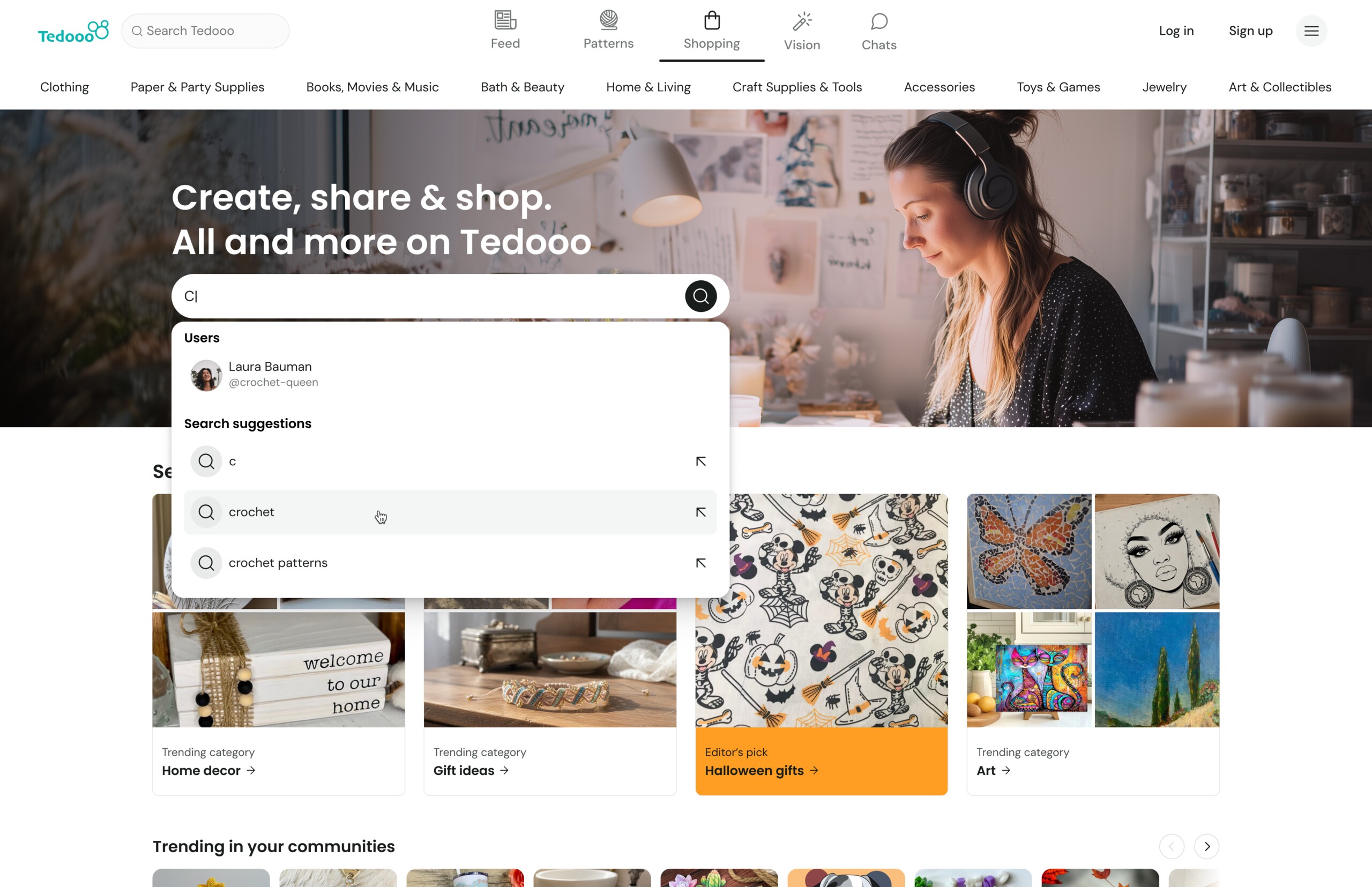 Tedooo shopping tab — guest homepage with search suggestions open
