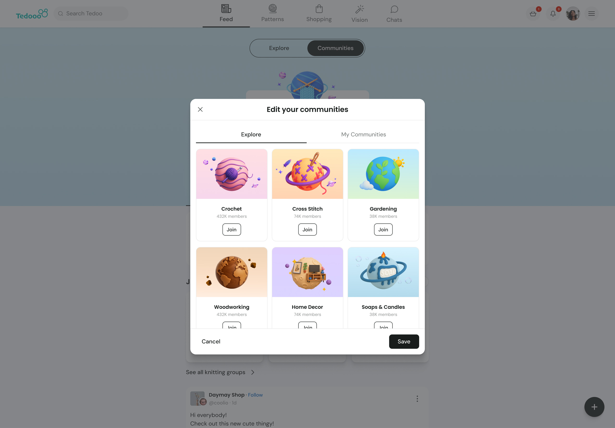 Tedooo communities on desktop showing community discovery modal