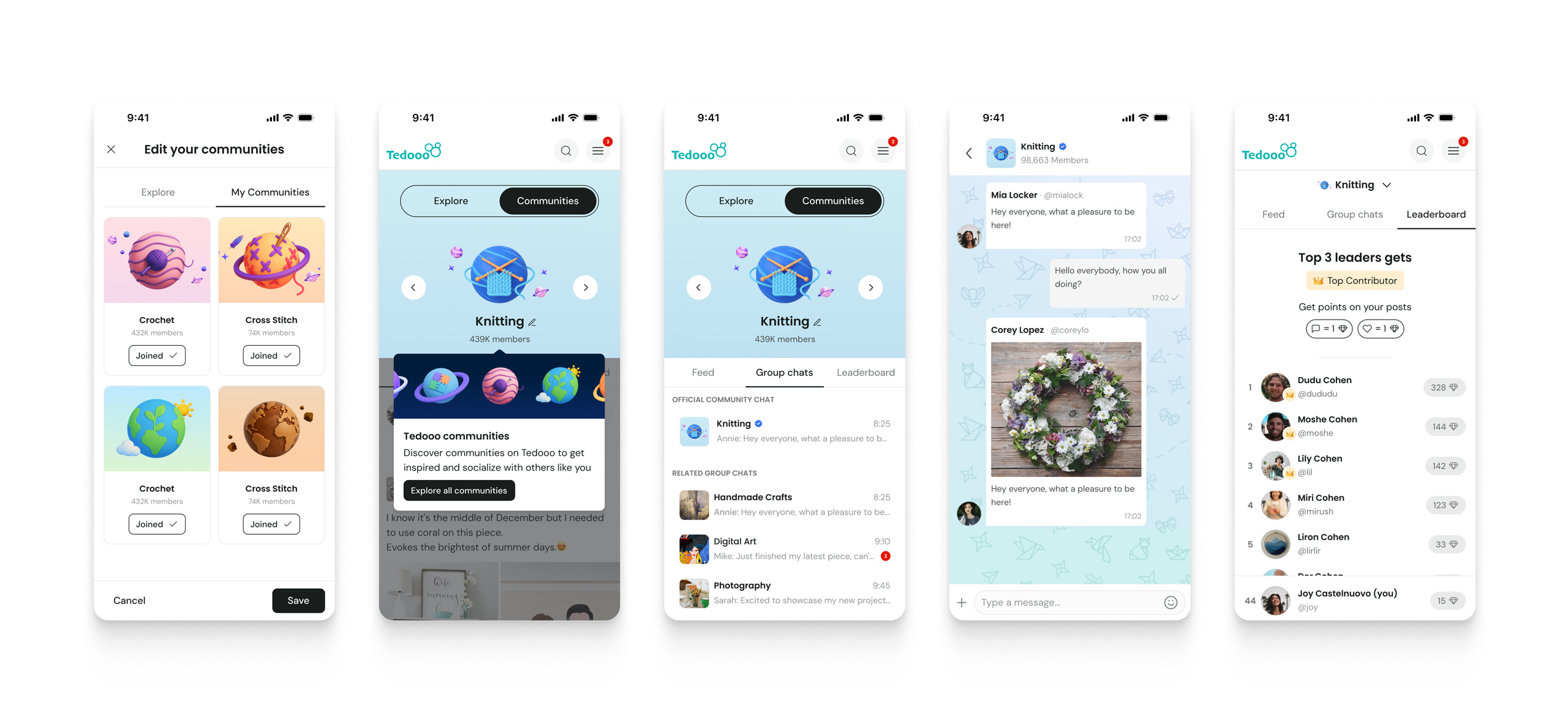 Tedooo communities on mobile showing feed, group chats and leaderboard