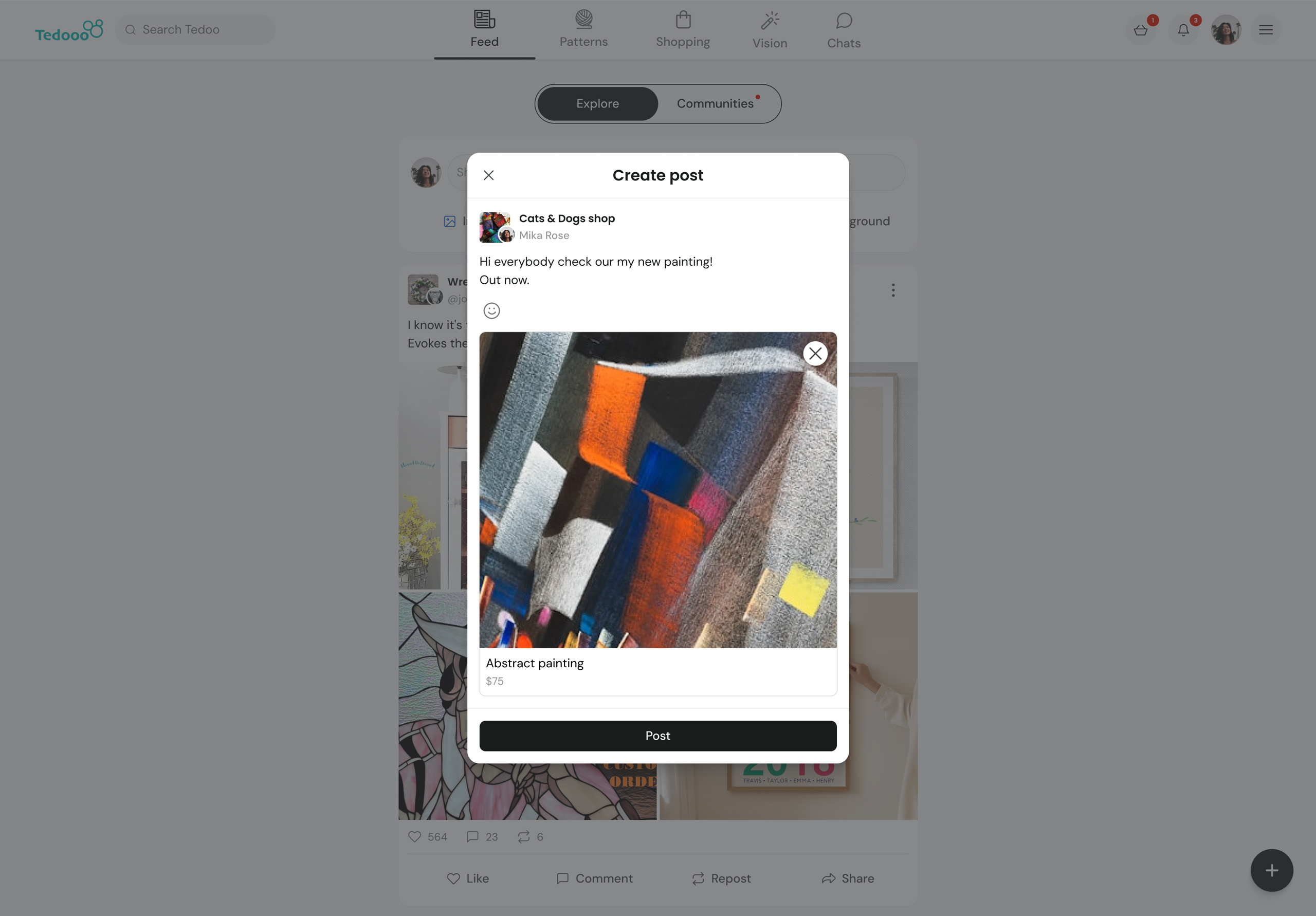 Tedooo feed on desktop with create post modal