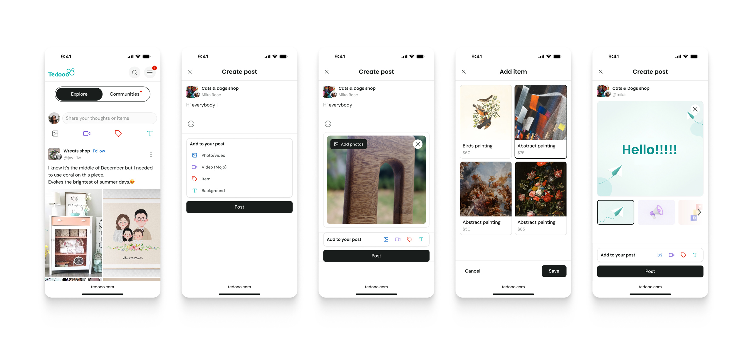 Tedooo feed and create post flow on mobile