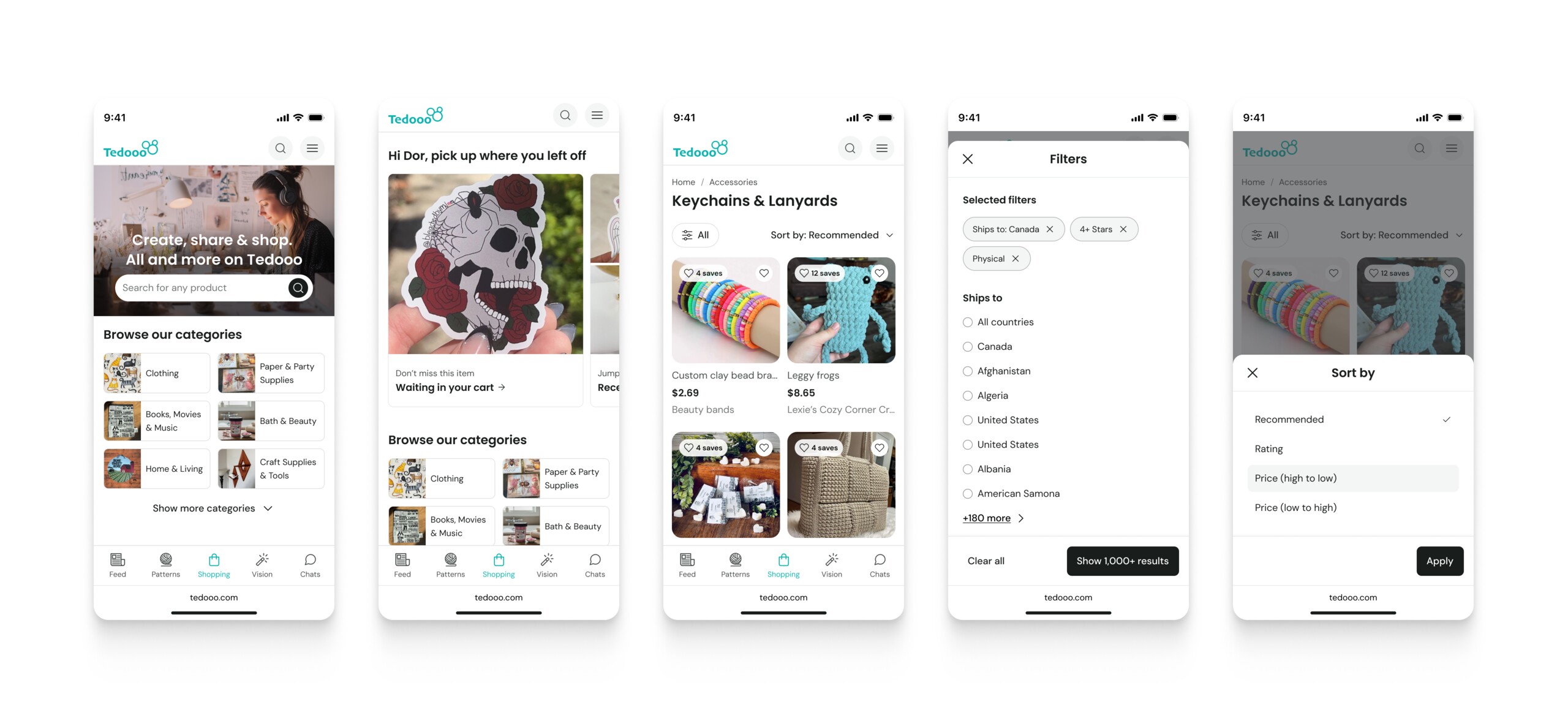 Tedooo shopping on mobile — guest home, logged-in home, category page, filters and sort